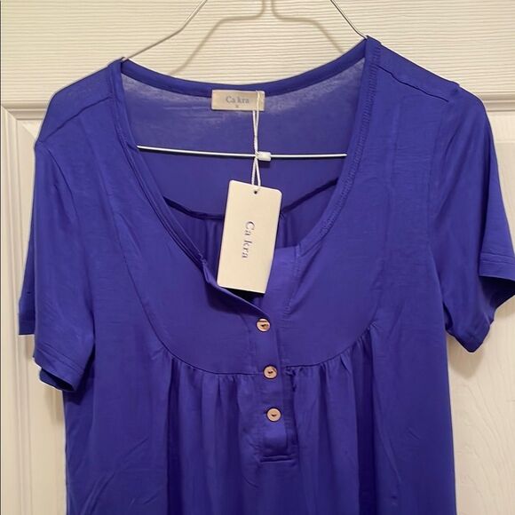 NEW Ca Kra Short Sleeve Shirt Flowy Relaxed Henley Cobalt Blue Women's Small NWT - Picture 4 of 4